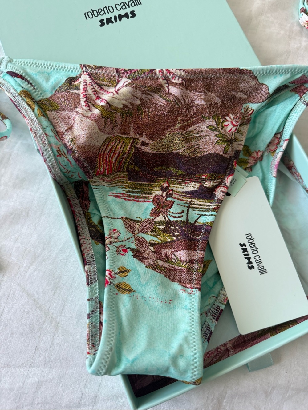 SKIMS Aqua Floral Print Bikini Bottom with Bird Motif